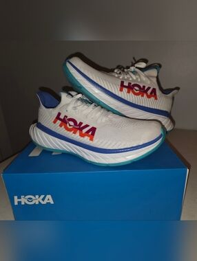 HOKA Carbon X3 White Running Shoes Blue & Teal Accents Size 10B US Gently Worn